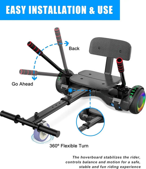 Seat Attachment For 6.5 Inch Self Balancing Scooters Go Kart With Bluetooth And LED Lights, showing assembly instructions