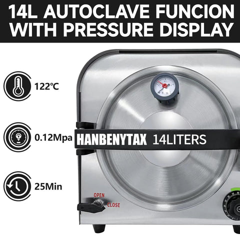 Front view of HANBENYTEX 14L lab autoclave sterilizer in stainless steel with pressure gauge and lever.