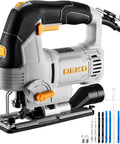 Heavy Hitting 6.7 Amp Corded Jigsaw Slays Through Hardwood And Steel, showing variable speed settings and included blades.
