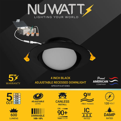 4 Inch Black Gimbal LED Recessed Lighting Kit With Slick Adjustable Lens For Sloped Ceilings, features and specifications image