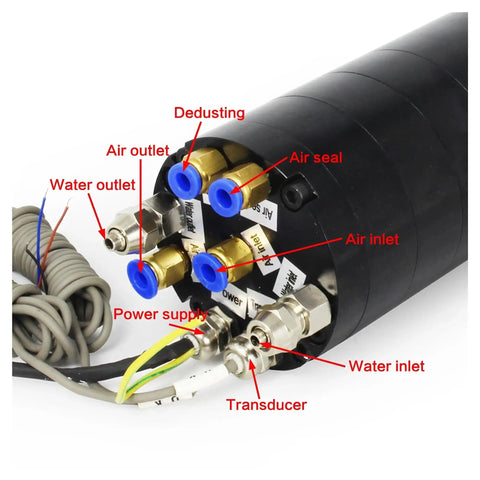 Top Shelf Automatic Tool Changer Water Cooled Spindle Motor With Iso20 Taper 1.8kw Motor connections for water and air supply.