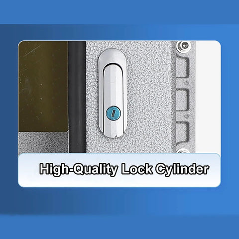 Lock cylinder on silver metal outdoor electrical box, blue screw head visible.