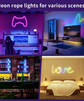 Multi-room scenes featuring LED Neon Rope Light 9.8ft Flexible RGBIC Strip With Music Sync And DIY Design IP65 Waterproof