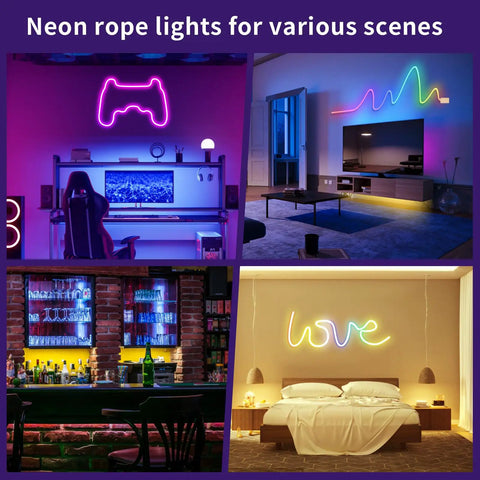 Multi-room scenes featuring LED Neon Rope Light 9.8ft Flexible RGBIC Strip With Music Sync And DIY Design IP65 Waterproof
