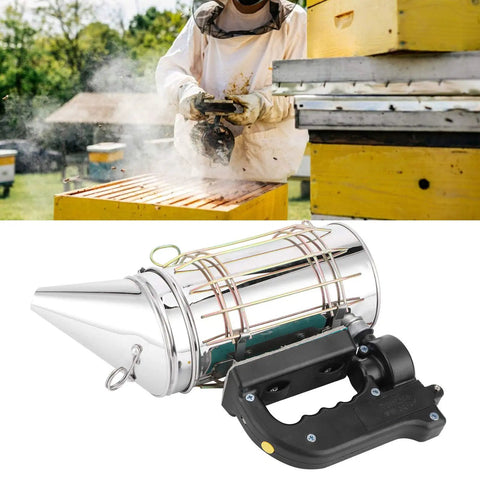 Heavy Duty Stainless Steel Electric Beekeeping Smoker With Heat Shield for hive inspections, shown with beekeeper.