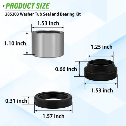 High Quality Plug And Play Top Load Washer Bearing And Seal Kit Easy Spin Cycle Fix Compatible With Whirlpool Kenmore Maytag Admiral Amana Washing Machines Replaces 470615 showing dimensions of parts