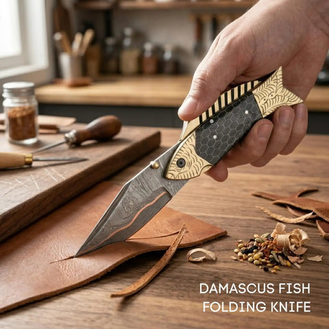 Hand holding Damascus Fish Style Folding Knife With Ladder Pattern Blade Handmade Damascus Steel Pocket Knife