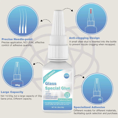Image of 30g Glass Glue That Delivers A Fast, Rock Solid Bond For Glass, Acrylic, Mirror And More, Waterproof, Dries Clear, Quick Cure, Ideal For Crafting, Jewelry, Rhinestones, Crystals, Glasses And DIY Projects, including features like precise needle-point, anti-clogging design, large capacity, and specialized adhesive.