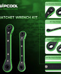 Pro Grade Heavy Duty HVAC Service Wrench Set With Refrigeration Ratcheting Wrenches And 2 Hex Bit Adapters, focus on dual-direction ratchet