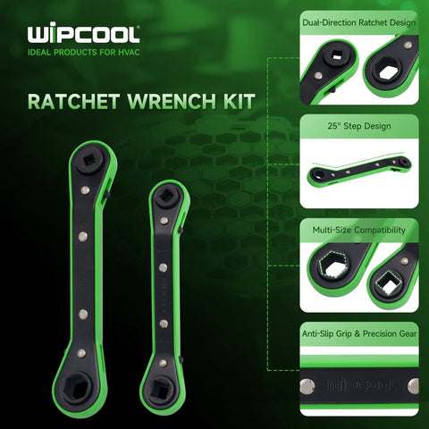 Pro Grade Heavy Duty HVAC Service Wrench Set With Refrigeration Ratcheting Wrenches And 2 Hex Bit Adapters, focus on dual-direction ratchet