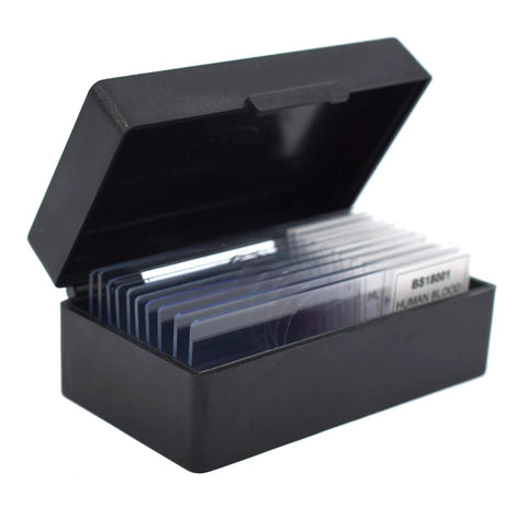 Classroom Onion Mitosis Slides Pack 10 Prepared Microscope Slides With Allium Root Tips 75 X 25mm See Every Stage Of Mitosis Durable Polystyrene Storage Box Included For Easy Hands On Lab Setup, black box open