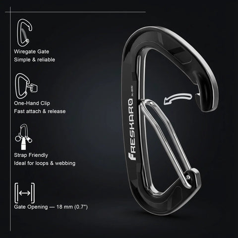 Heavy Duty 15kN Wire Gate Carabiners Pack, Aluminum Quick Draw Clips For Camping And Hiking, Hammock And Dog Leash Accessories, Durable Black Anodized Finish, Medium Size, 4 Pack with wire gate and one-hand clip features illustrated