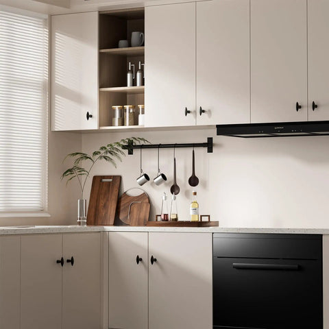 Modern kitchen with 1 Pack 2 Inch Cabinet Knob and Drawer Pull, Dope Black Zinc Alloy Cabinet Handle on white cabinets