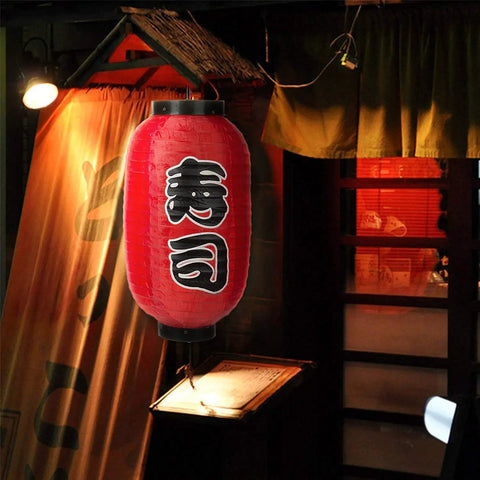 Red Chochin Silk Lanterns, Set Of 8, 14 Inch Japanese Hanging Lanterns For Festivals And Wedding Decor, ribbed exterior with kanji