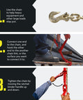 Heavy Duty Built Tough Ratcheting Chain Binder Set For Secure Tie Downs Fits Five Sixteenths To Three Eighths Inch Chain 9200 LB Working Load Limit Pack Of Four Forged Steel Handle And Cam And Pawl Design For Smooth Operation chain connection and tightening process illustration