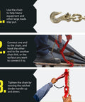 Step-by-step guide using Heavy Duty Ratcheting Chain Binders Set For Secure Tie Downs Three Eighths Inch Chain Up To Nine Thousand Two Hundred Pounds Working Load Limit Grade 70 Compatible With Three Eighths Inch Chain Pack Of Two for load securing.