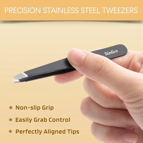 Hand holding precision stainless steel tweezers with non-slip grip, part of the Two Pack Slant And Point Tip Tweezers Set For Eyebrows
