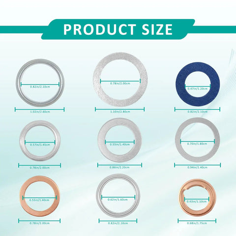 140 Piece Oil Drain Plug Gasket And Crush Washer Kit With 9 Sizes M11 M12 M14 M16 M18 M20 displayed with dimensions