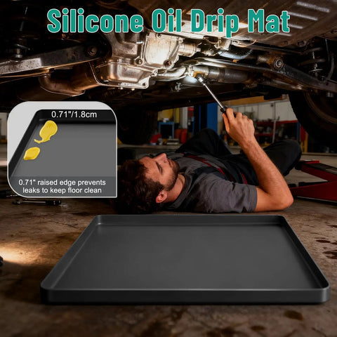 Heavy Duty Silicone Oil Drip Mat For Under Car 27x27 Inch Non Slip Oil Spill Tray shown in a garage under a car