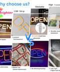 Comparison of LED Open Sign With USB Power 5V COB Chip Lit Neon Look 16 By 9 Inch highlighting brightness and transmittance