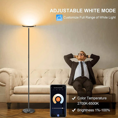 Two-Sided Smart Floor Lamp With RGBCW Color, 2000 Lumens, Alexa And Google Home Ready, shown in a living room setting.