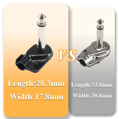Solid 1/4 Inch Ts Patch Connector Right Angle 6.35Mm Cable Jack comparison of black and nickel plated jacks dimensions displayed.