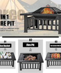 32 Inch Fire Pit Table Outdoor Patio Heater Square Metal Stove 3-in-1 with ice bucket, beverage cooler, bonfire, and BBQ setup