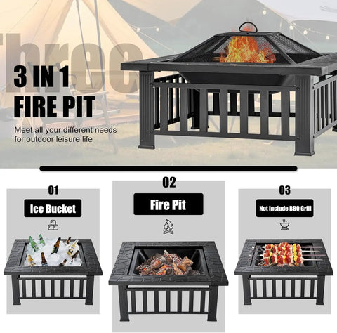 32 Inch Fire Pit Table Outdoor Patio Heater Square Metal Stove 3-in-1 with ice bucket, beverage cooler, bonfire, and BBQ setup