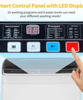 Slick 17.6 Lbs Compact Portable Washer With Clear Led Screen showing smart control panel and wash program options.