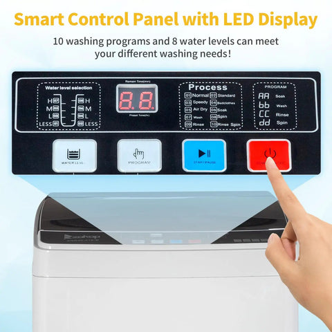 Slick 17.6 Lbs Compact Portable Washer With Clear Led Screen showing smart control panel and wash program options.