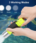 Hands holding Diving Flashlight With Beast Bright LED Underwater Light For Scuba And Outdoor Adventures, showing modes and design