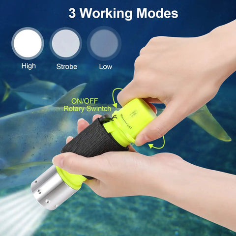 Hands holding Diving Flashlight With Beast Bright LED Underwater Light For Scuba And Outdoor Adventures, showing modes and design
