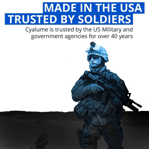 Soldier with rifle against text 'Made in the USA Trusted by Soldiers' promoting Mil Spec Blue SnapLight Emergency Light Sticks