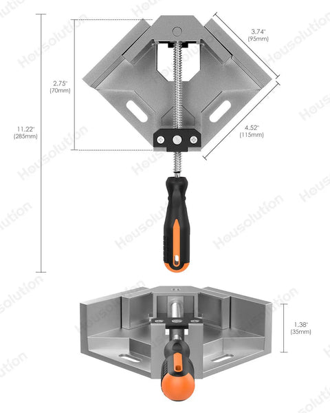 Two Pack Right Angle Clamp For Woodworking, 90 Degree Aluminum Corner Clamp with measurements and single handle in view.