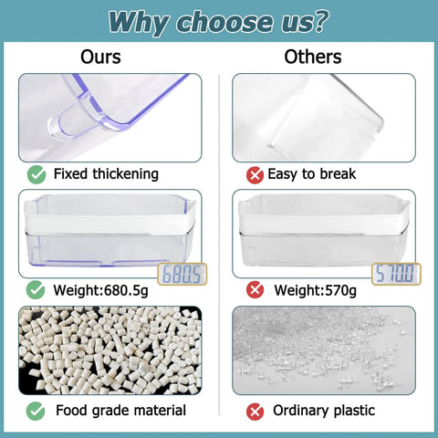 Comparison of two fridge bin replacement shelves, highlighting durable design and food-grade material for GE right door.