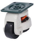 Close-up of Professional Grade Leveling Casters with Smooth Retractable Wheels, height dial for 2200 lbs loads.
