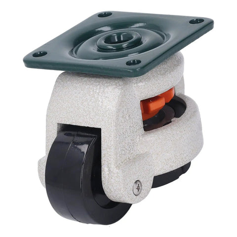 Close-up of Professional Grade Leveling Casters with Smooth Retractable Wheels, height dial for 2200 lbs loads.