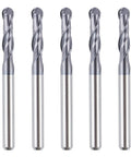 Five-Piece Ball Nose Router Bit Set With One Eighth Inch Cutting Diameter One Half Inch Cutting Length One And A Half Inch Overall Length Up Cut Spiral CNC Tool HRC55 Tungsten Carbide With TiAlN Coating Two Flute Woodworking Milling Bits displayed in a row.