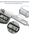 Dual-Mode Outside Micrometer With Digital And Mechanical Readout, Easy Switch, 0-1 Inch And 0-25.4 Mm, Ultra-Precise 0.00005 Inch And 0.001 Mm, Large LCD Display, Pro-Grade Machinist Thickness Gauge With Protective Case showing LCD and scale close-up