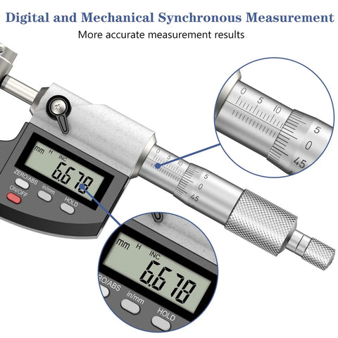 Dual-Mode Outside Micrometer With Digital And Mechanical Readout, Easy Switch, 0-1 Inch And 0-25.4 Mm, Ultra-Precise 0.00005 Inch And 0.001 Mm, Large LCD Display, Pro-Grade Machinist Thickness Gauge With Protective Case showing LCD and scale close-up