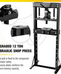 Tough As Nails 12 Ton Hydraulic Shop Press With Adjustable Work Table And Press Plates For Serious Garage Repairs Bearing Removal And Custom Metalworking Projects Black, showcasing the bottle jack and pressure plates.