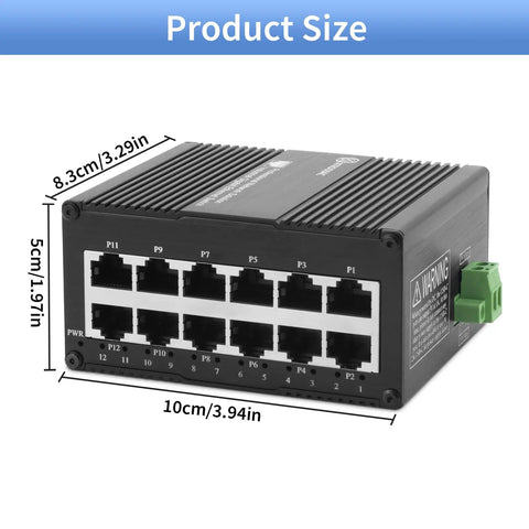 Rugged Industrial 12 Port Gigabit Ethernet Switch Unmanaged Outdoor Network Switch with Auto Negotiation RJ45 Ports
