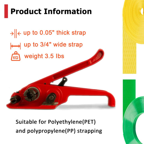 Heavy Duty Poly Strapping Tensioner With Cutter For One Half To Three Quarters Inch PET And PP Straps, red tool side view