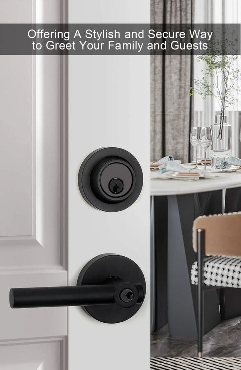Keyed Alike Matte Black Front Entry Door Handle With Deadbolt Set For Exterior Doors in zinc alloy, modern round design.