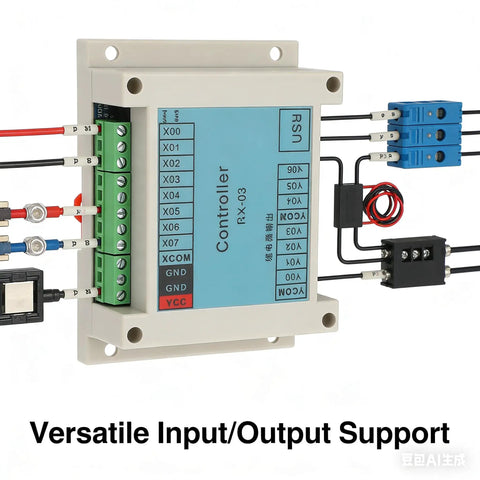 Programmable Logic Controller With Eight Input Seven Output For Industrial Automation, RX-03 model showing input/output connections.
