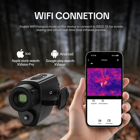 Beefed Up Thermal Imaging Monocular With 256x192 IR Resolution, 13mm Lens, 50Hz Night Vision, and smartphone interface shown.