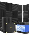 Premium High Density Sound Proof Foam Panels 80 Pack Wedge Acoustic Wall Tiles in a black wedge design for sound treatment setup.