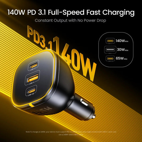 Straight Fire 165W USB C Car Charger PD 3.1 100W Quick Charge 5.0 with three ports for fast charging in vehicles.