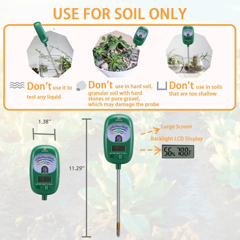 Super Handy Go To All In One Soil Test Kit With Moisture Meter PH Meter Sunlight Intensity Fertility Tester LCD Display Air And Soil Hygrometer And Temperature For Houseplants Gardens Farms And Lawn Care, 11.29-inch probe
