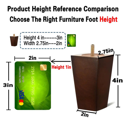 Beefy 4 Inch Wood Furniture Legs Set Of 4 In Square Brown Finish With Five Sixteenth Inch And M8 Bolts height comparison